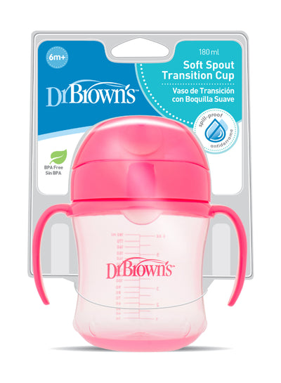 Dr. Brown’s 6 Oz/180 Ml Spill Proof Soft-Spout Transition Cup With Handles - Pink Deco (6M+), 1-Pack