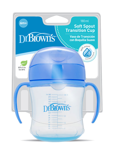 Dr. Brown’s 6 Oz/180 Ml Anti-Colic Soft-Spout Transition Cup With Handles - Blue Deco (6M+), 1-Pack