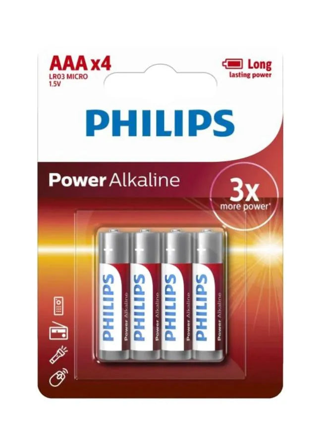 Philips 4-Piece Power AAA LR03 Alkaline Battery White/Red/Silver