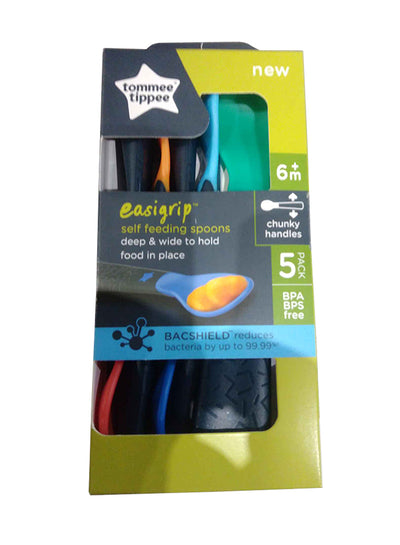 Pack Of 5 Easigrip Self-Feeding  Spoons With Antibacterial Technology, Chunky Handles, 4 Months+, Multicolour