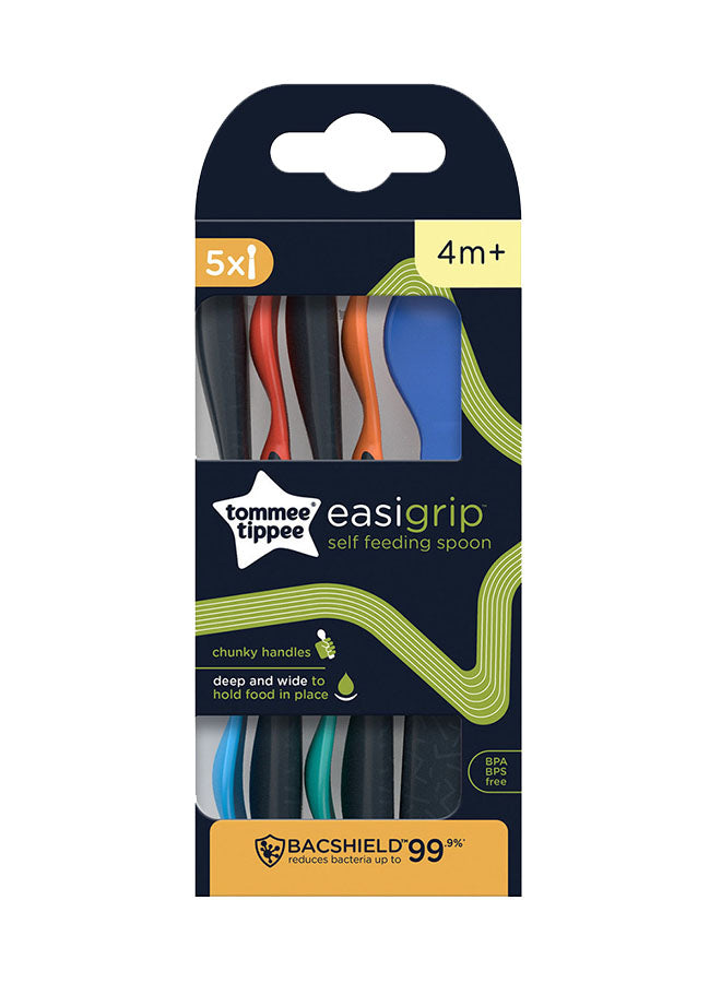 Pack Of 5 Easigrip Self-Feeding  Spoons With Antibacterial Technology, Chunky Handles, 4 Months+, Multicolour