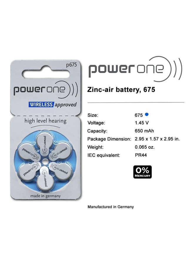 PowerOne 1.45V Original High Level Hearing Aid Batteries Pack of 6 pieces  ( P675 Blue )