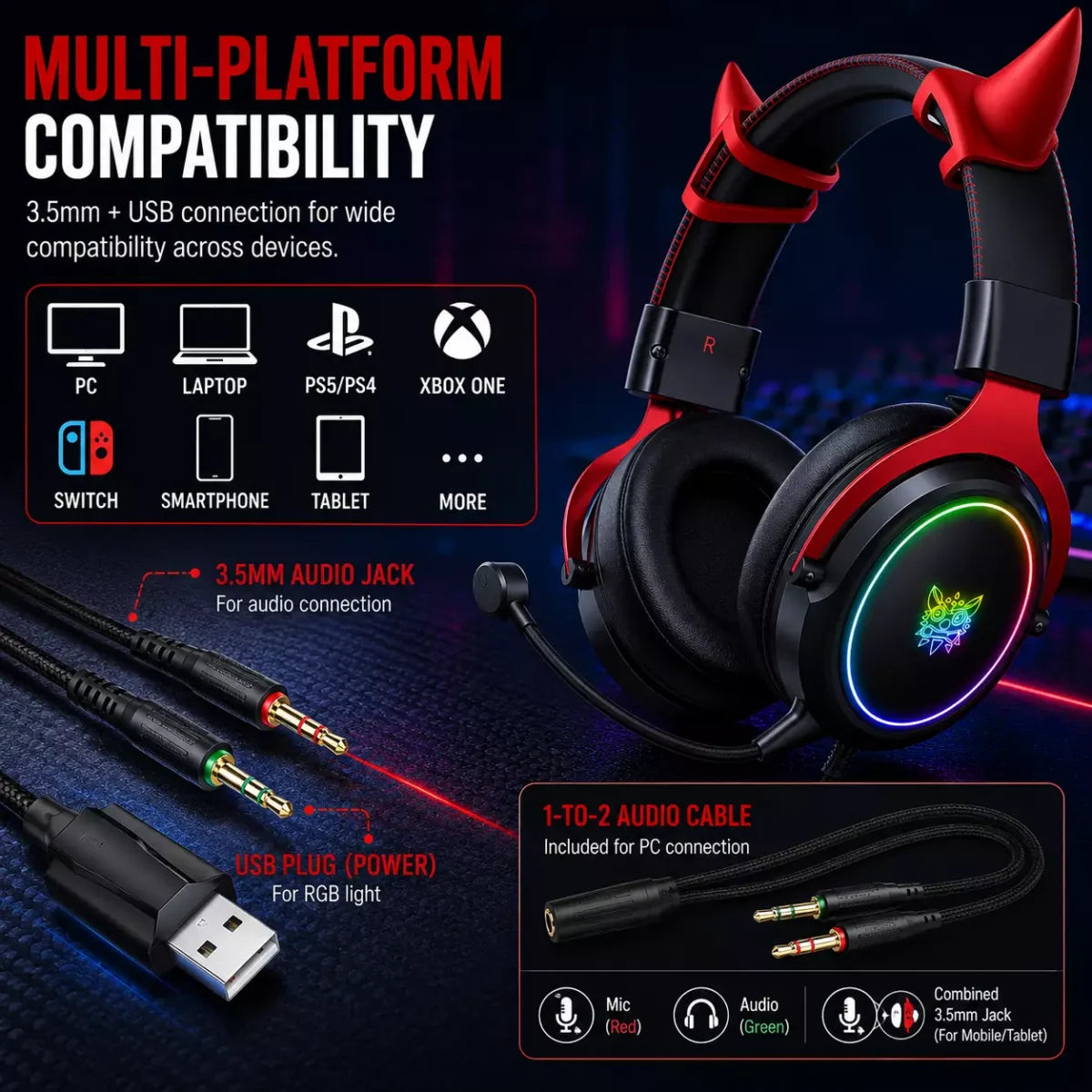 onikuma X10 RGB Wired Gaming Headset Detachable Horns & Mic