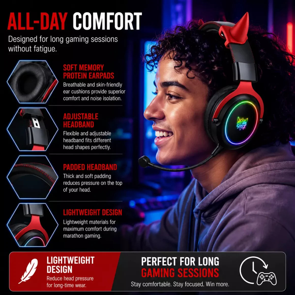 onikuma X10 RGB Wired Gaming Headset Detachable Horns & Mic