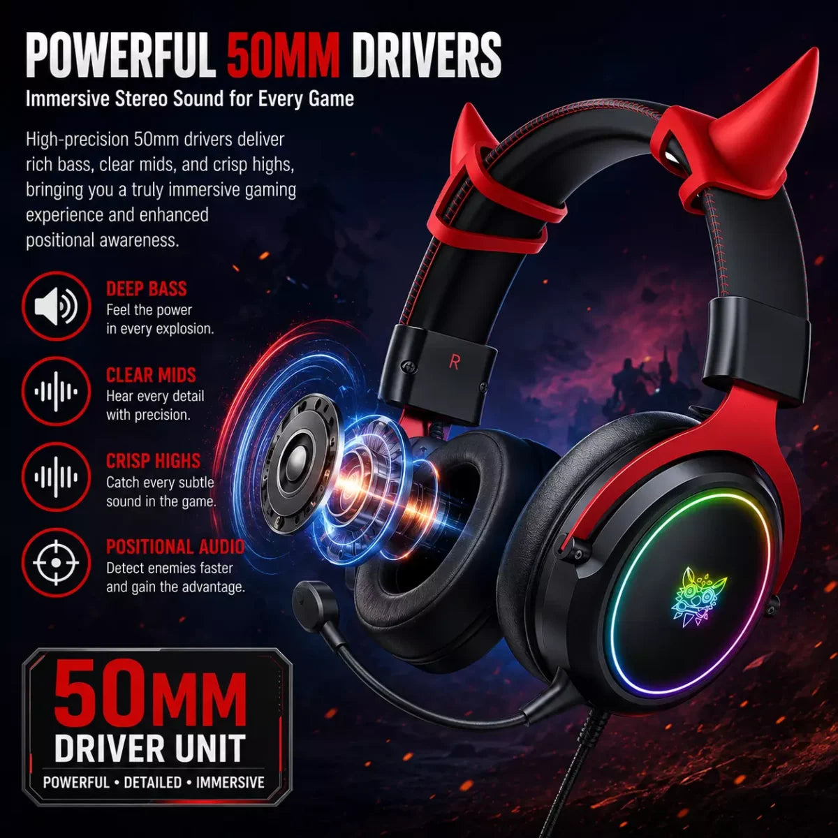 onikuma X10 RGB Wired Gaming Headset Detachable Horns & Mic