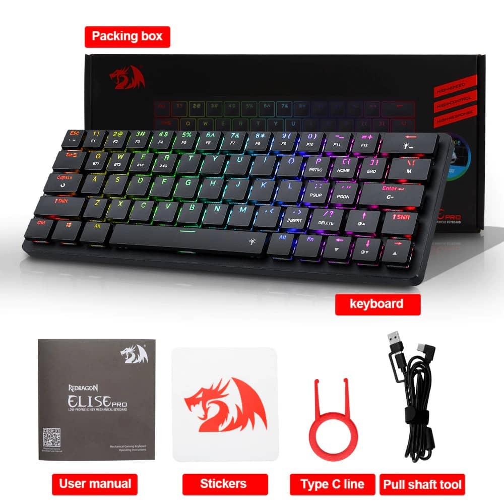 REDRAGON K624P ELISE PRO RGB 60% Wireless Gaming Mechanical Keyboard, Low Profile Blue Switches (Black)