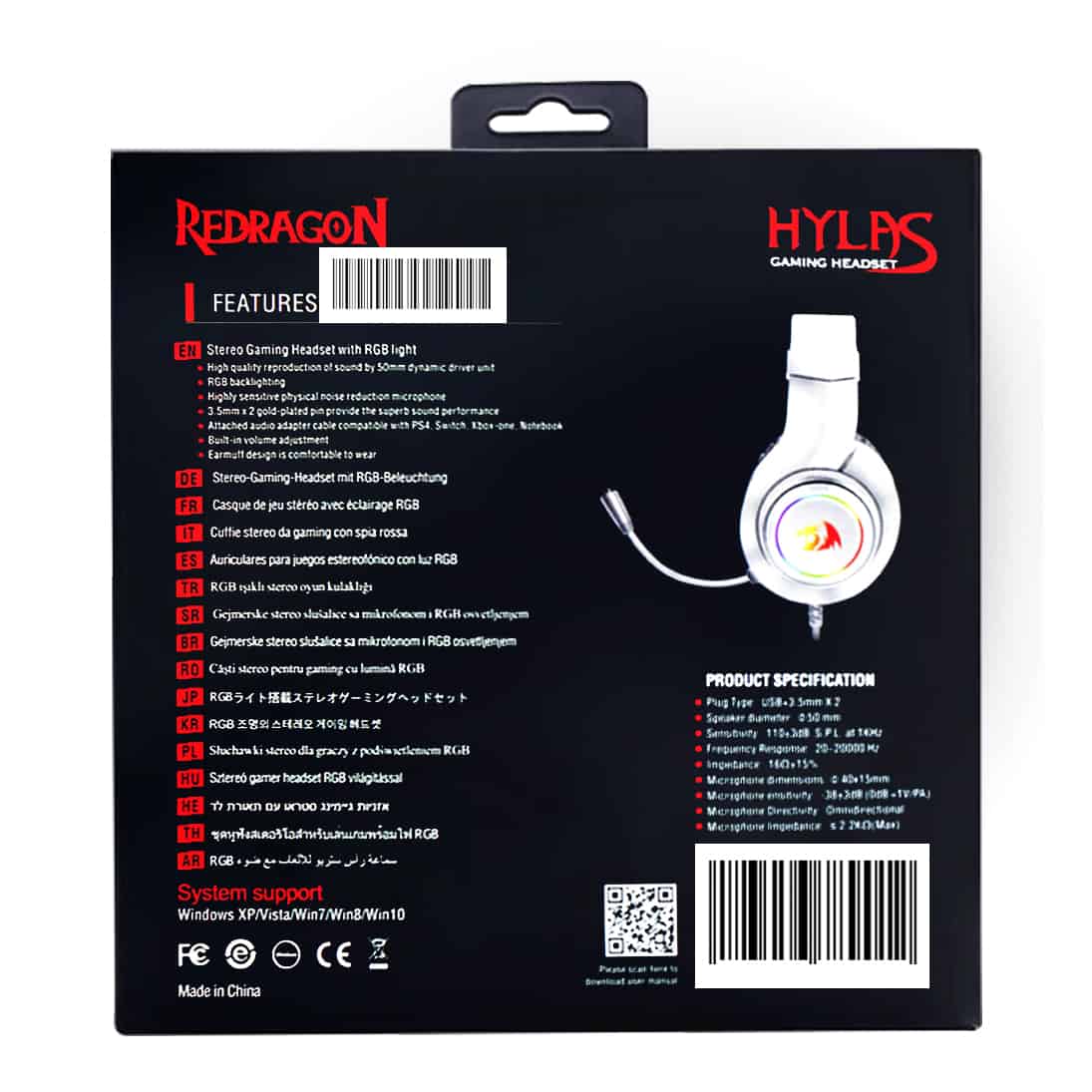 Redragon H260 HYLAS RGB Gaming Headset, Stereo (White)