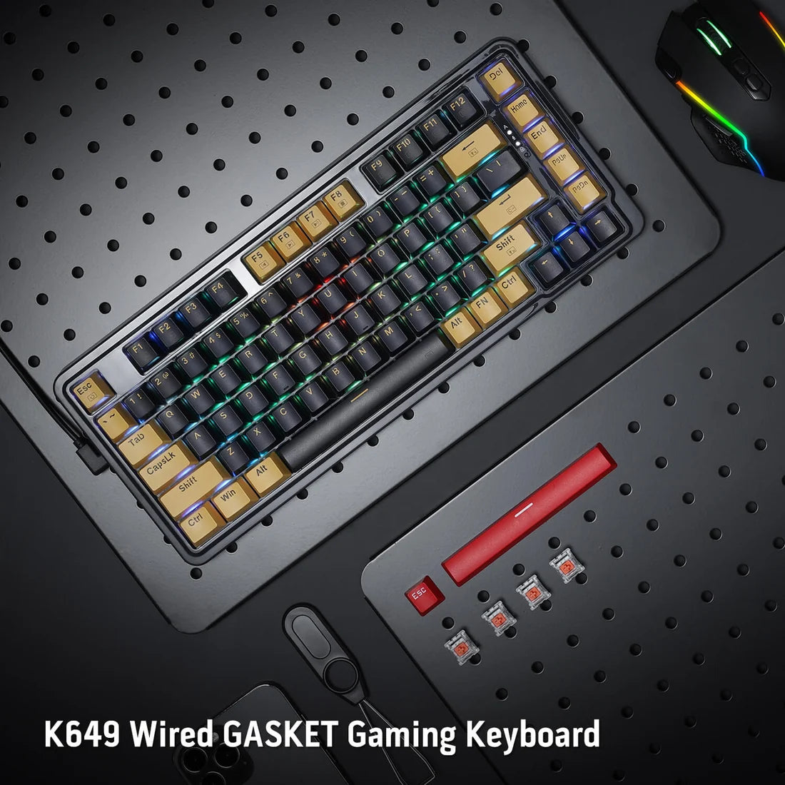 Redragon K649 YP Edition 75% Mechanical Gaming Keyboard Melt-Gold Switches Yellow and Black