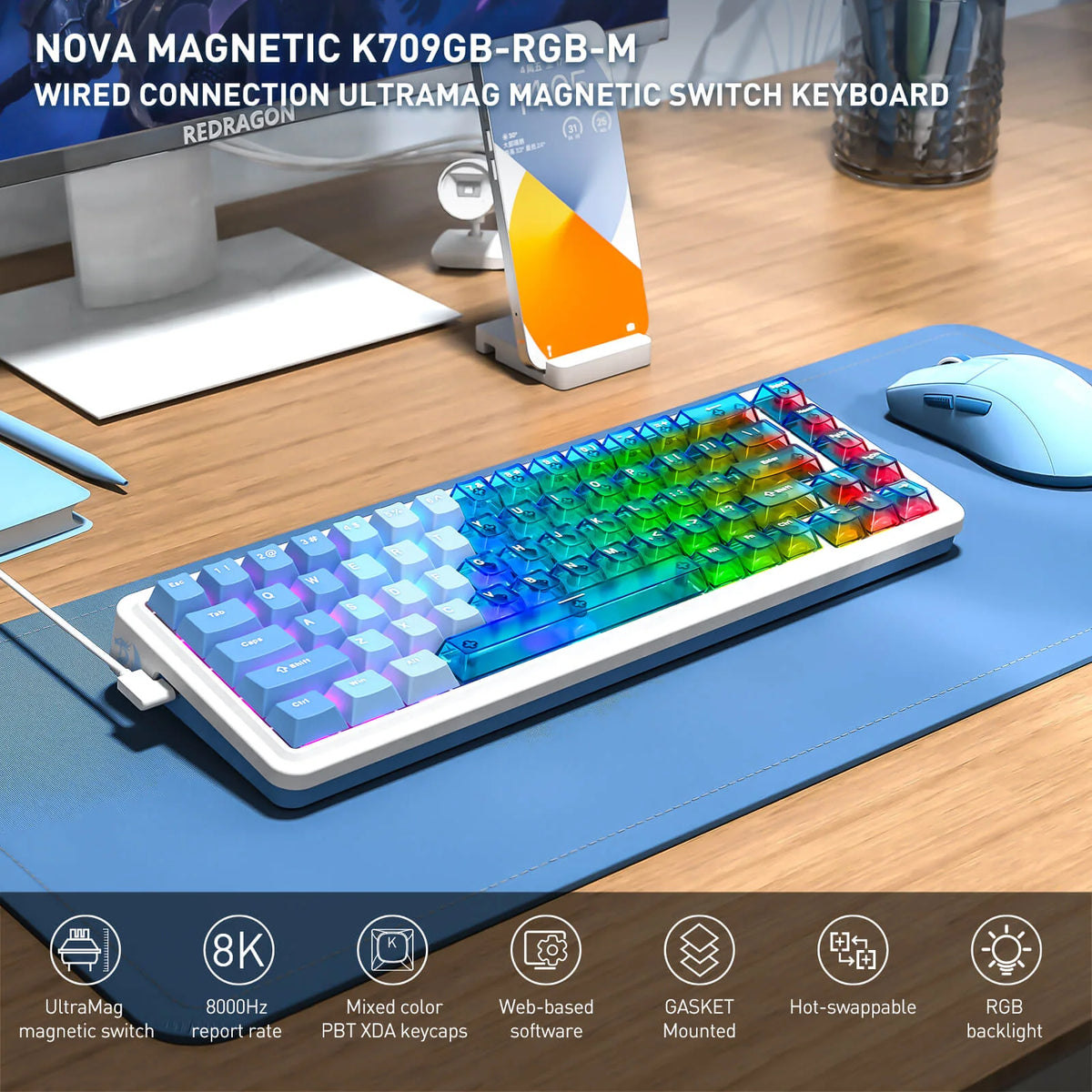 Redragon K709PLB NOVA Magnetic Gaming Keyboard Hall Effect 8K Polling Multicolour