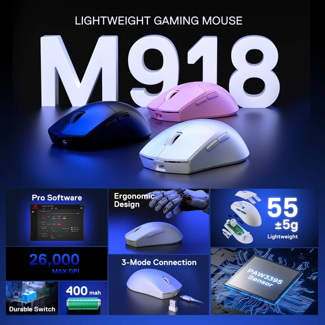 Redragon M918 PRO Wireless Gaming Mouse Ultra-Light 49g 26000 DPI Black
