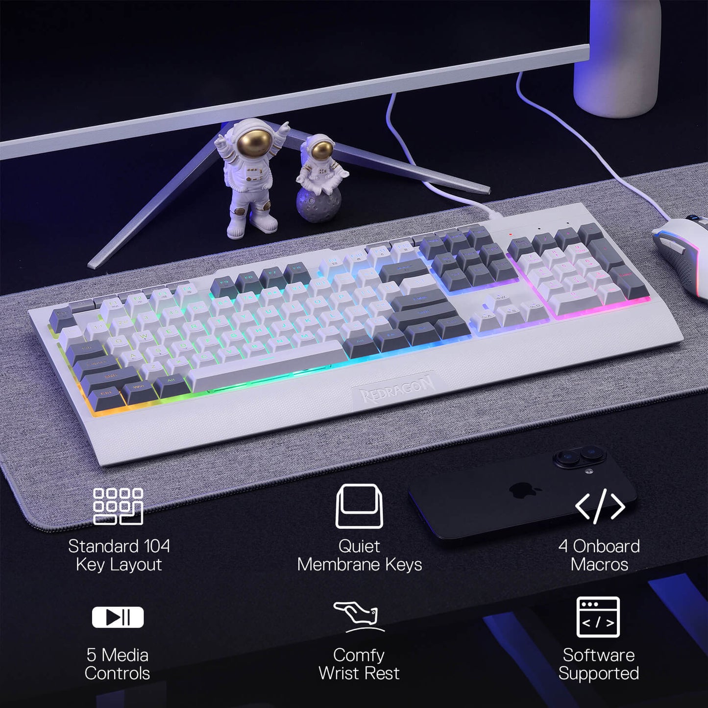 Redragon S151W Gaming Combo Membrane Keyboard and 10000 DPI Mouse White