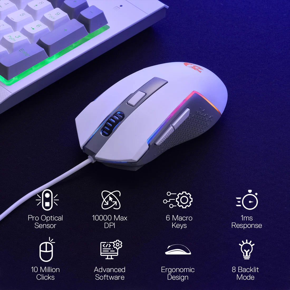 Redragon S151W Gaming Combo Membrane Keyboard and 10000 DPI Mouse White