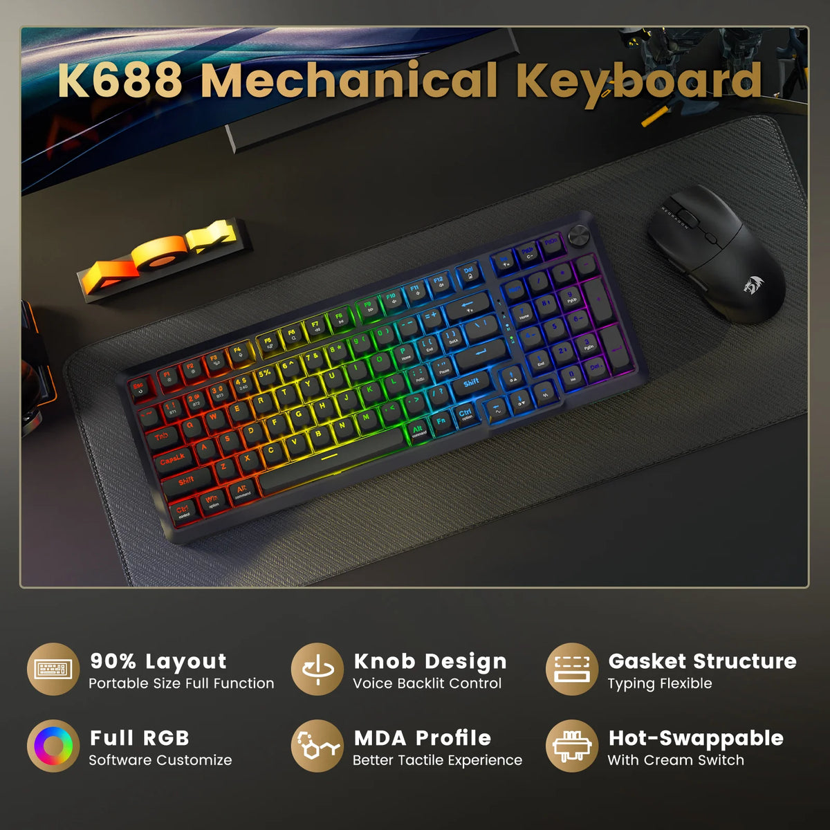 Redragon K688GB PRO BRAGI PRO 98-Key Wireless Mechanical Gaming Keyboard Black