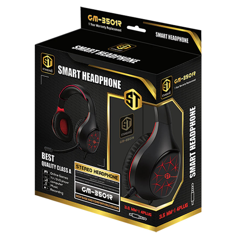 Standard GM-3501 Gaming Stereo Headphone 3.5mm with Mic For PC / Mobile / PS4 / Xbox One | Red/Black