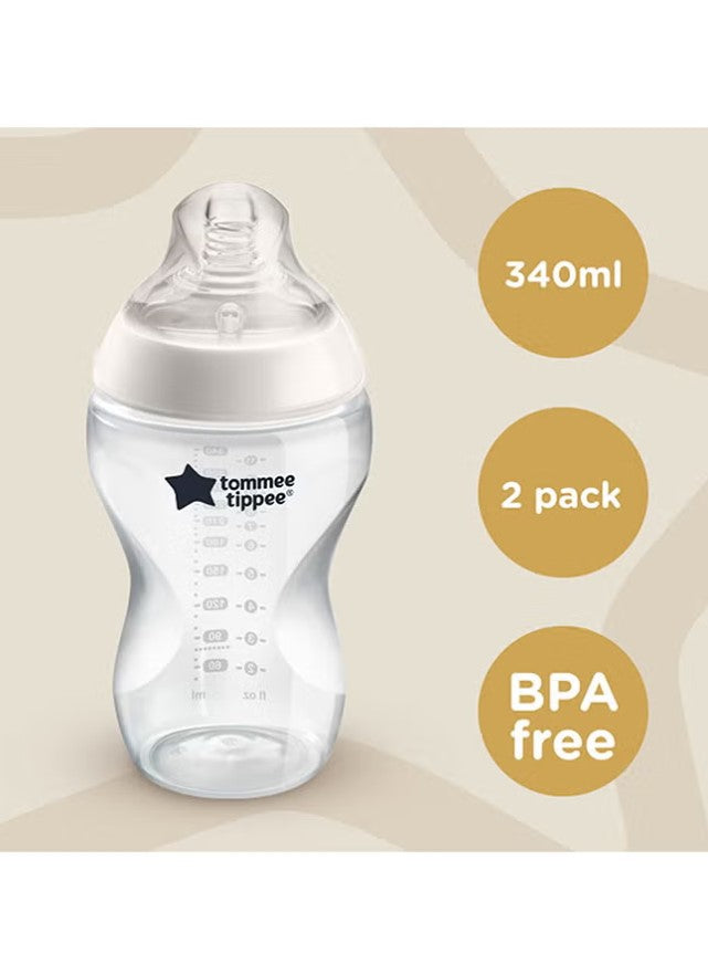 tommee tippee Closer to Nature Baby Bottles, Medium-Flow Breast-Like Teat With Anti-Colic Valve, 340ml, Pack of 2, Clear