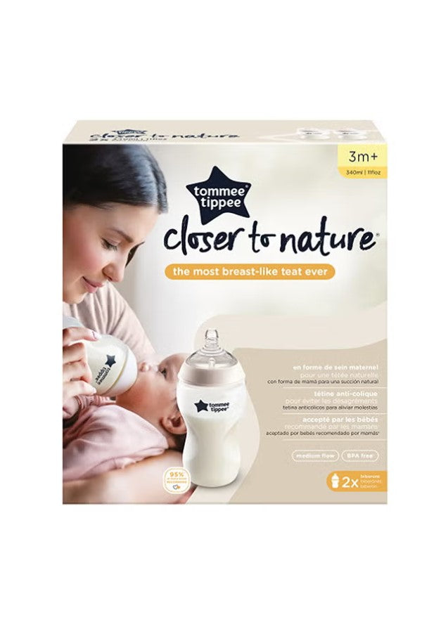 tommee tippee Closer to Nature Baby Bottles, Medium-Flow Breast-Like Teat With Anti-Colic Valve, 340ml, Pack of 2, Clear