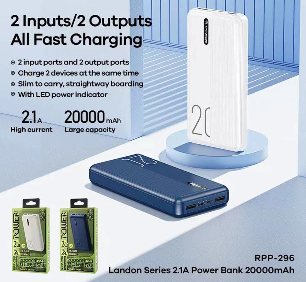 REMAX RPP-296 20000mAh LANDON SERIES 2.1A POWER BANK (OUTPUT-2USB) (INPUT-MICRO/TYPE-C), 20000mAh Power Bank, Power Bank For Android