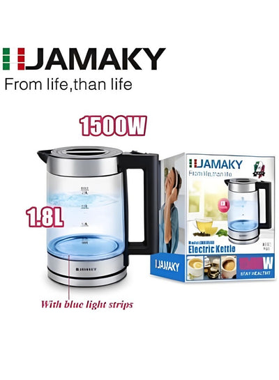 JAMAKY Italy JMK9500 electric kettle with Italian technology is used at home and in the office . The kettle features fast heating with a power of 1500 watts and a large capacity (1.8 liters). Automatic shut-off when boiling and 360 degree rotating base