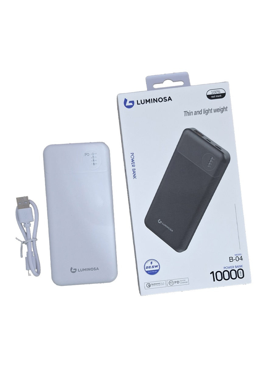 Luminosa Power Bank 10000 mAh , uses lithium polymer quick charger battery 22.5 W - white , which is safe, and does not explode with USB-C cable. It can be carried on the plane.