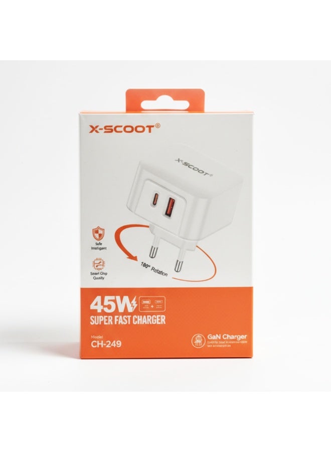 CH-249 45W Super Fast Mobile Wall Charger , High Speed Charging Adapter for Phone and Smartphone, Dual Output USB & Type
