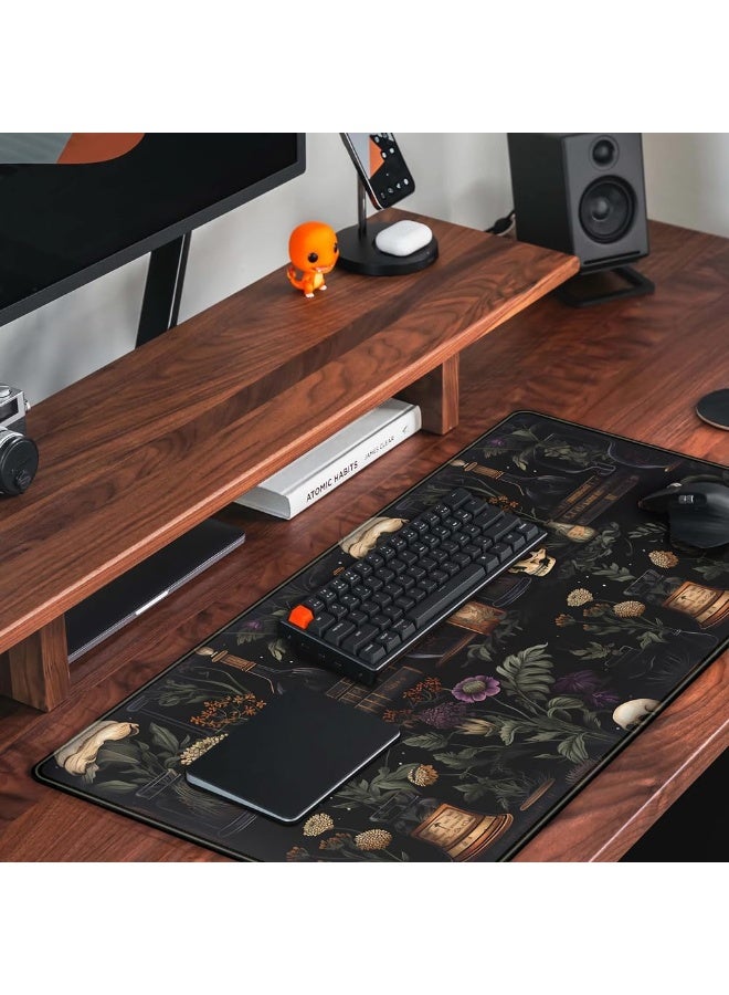 Vintage Aesthetic XL Extended Large Gaming Mouse Pad - Black Academia Mystical Green Plant Design - Computer Laptop Keyb