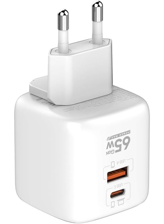 Q2617 Fast Wall Charger 65W with Dual Ports (USB-C & USB-A), PD & QC 3.0 Super Fast Charging, Foldable Plug Design, Incl