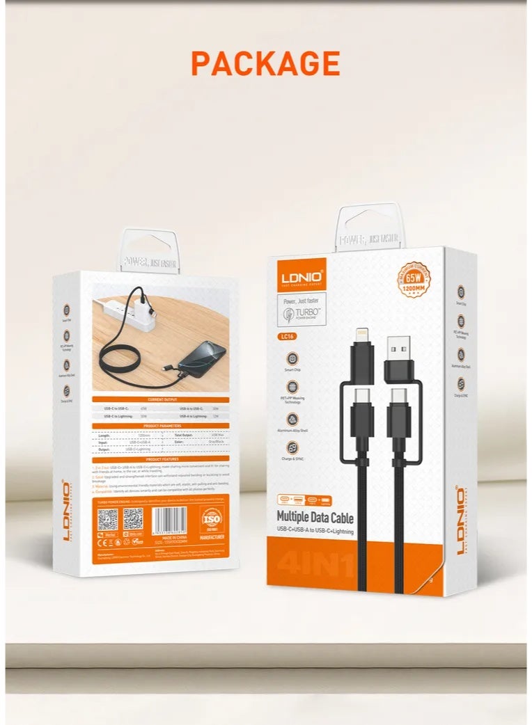 65W 4-In-1 Fast Charging Data Cable With USB-A And USB-C Inputs Lightning And USB-C Outputs High-Speed Data Transfer Bra