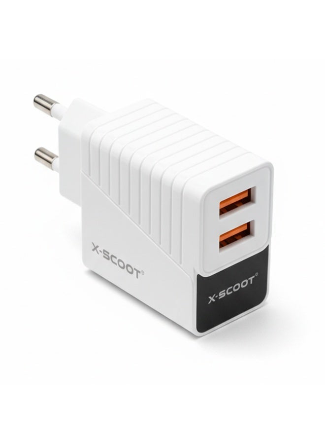 CH-232 LED Fast Charger 2.4A with Dual USB Ports, Included Type-C Cable, Fire-Resistant Build, and Advanced Current Prot