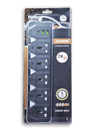 Electric Power strip - 2500 watt, 10 A/220-250V , with 5Outlet , 2M cable , 2 Port USB and 1 port type-c for Laptop, PC, MacBook , Home and Office Electrical appliances and Mobile charger