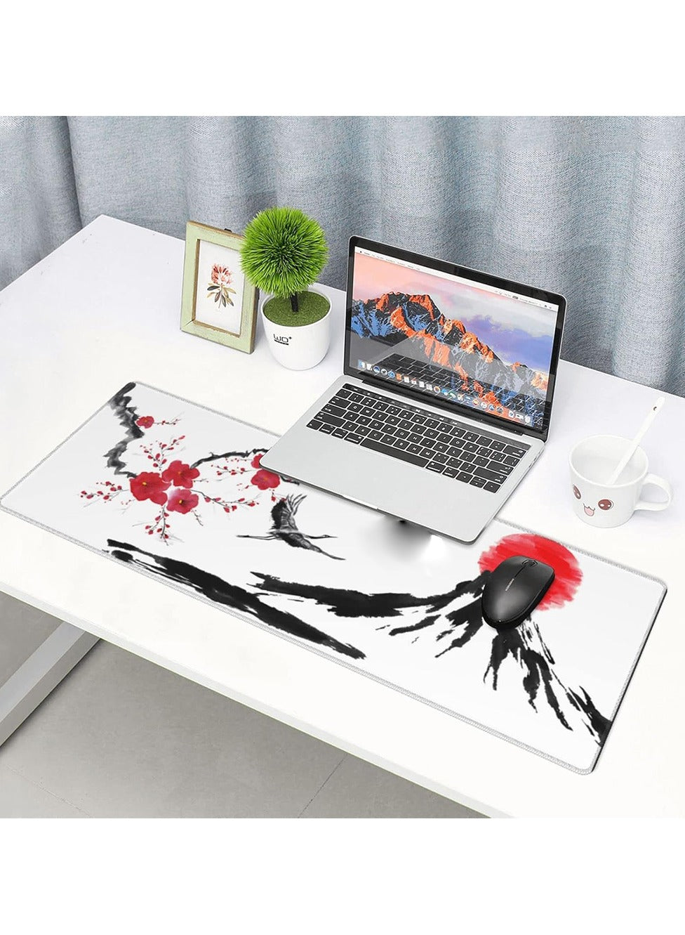 Japanese Cherry Blossom Large Gaming Mouse Pad, Extended Mousepad with Fuji Mountain, Japanes Crane Bird and Sunset White ( 70x30x2mm )