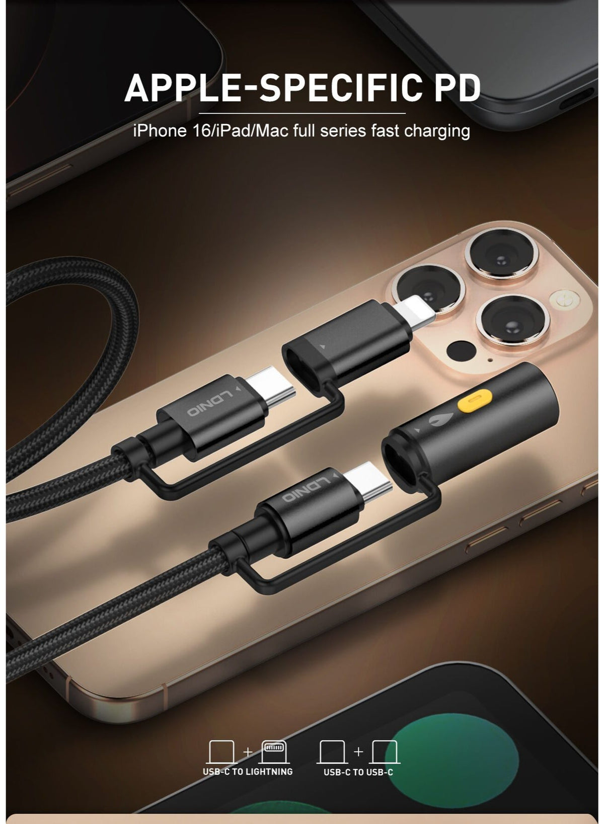 كابل شحن سريع LC20 بقوة 65 واط مزود بموصلات USB-C و Lightning، شاحن سيارة مدمج، مزامنة بيانات عالية السرعة، تصميم متين و