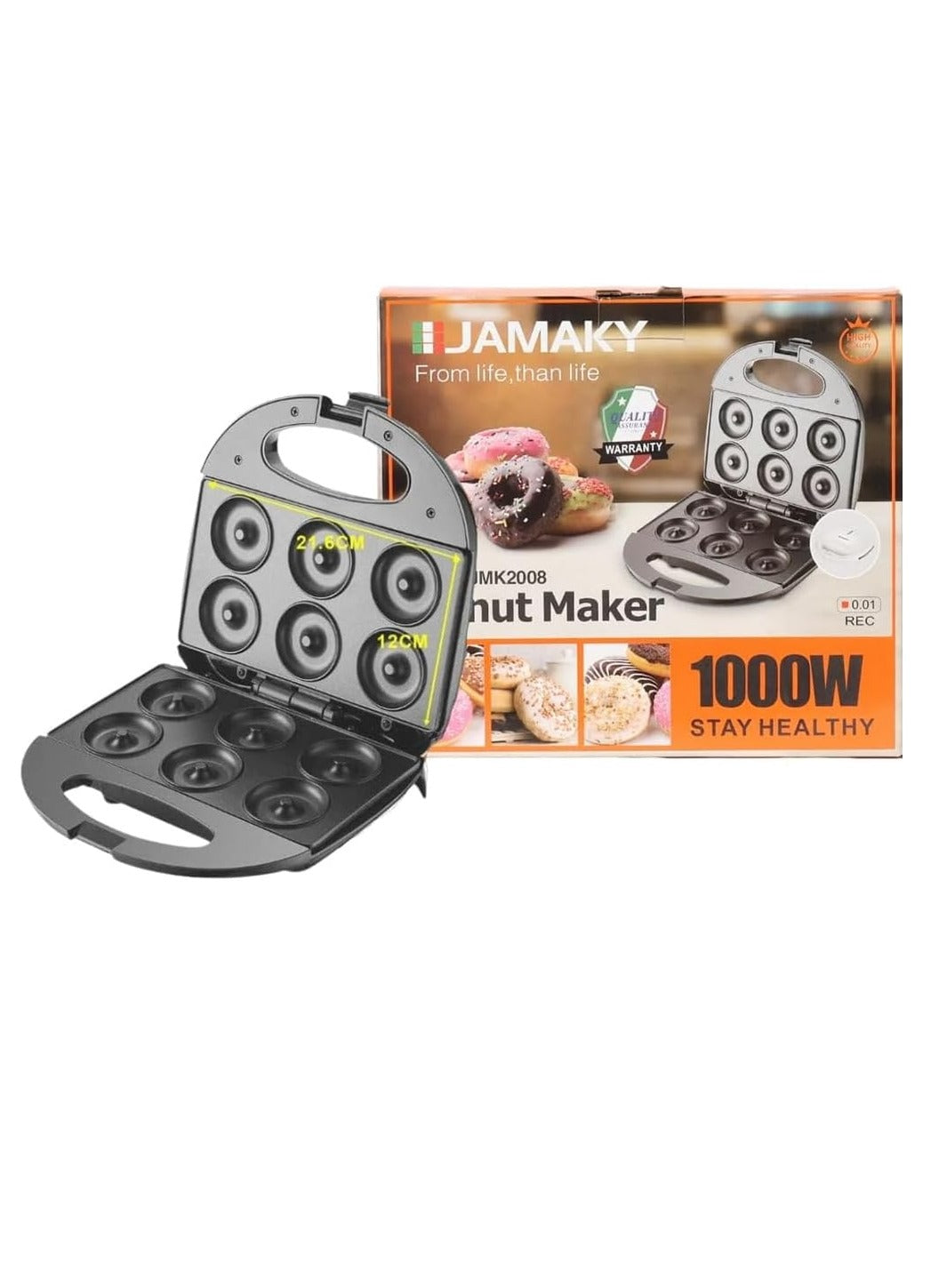 JAMAKY Italy Donut maker with Italian technology, 1000 watt device designed for home use with fixed donut plates, non-stick color, white, model JMK 2008