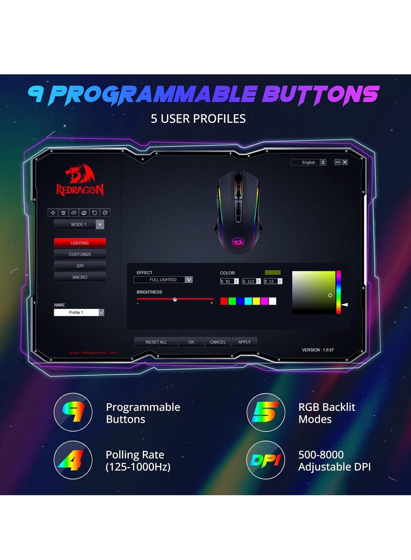 ماوس جيمنج REDRAGON M910-K RANGER سلك RGB 9 أزرار أسود
