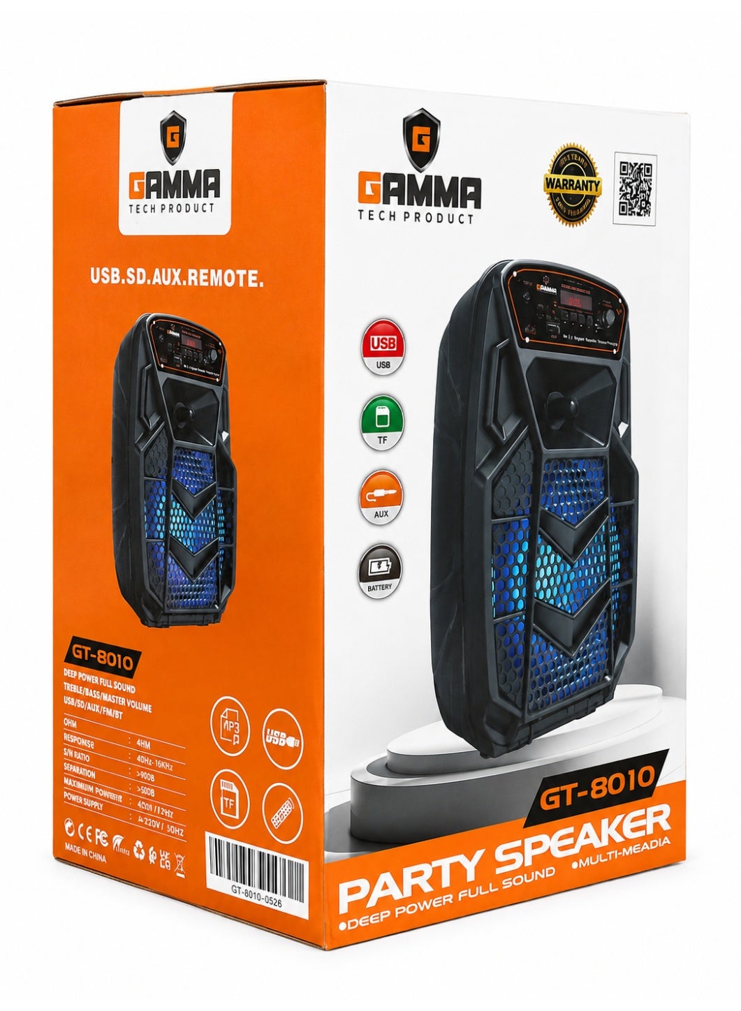 GT-8010 Portable Bluetooth Party Speaker, Wireless Speaker with Powerful Sound, Colorful LED Lights, USB, TF Card & AUX 