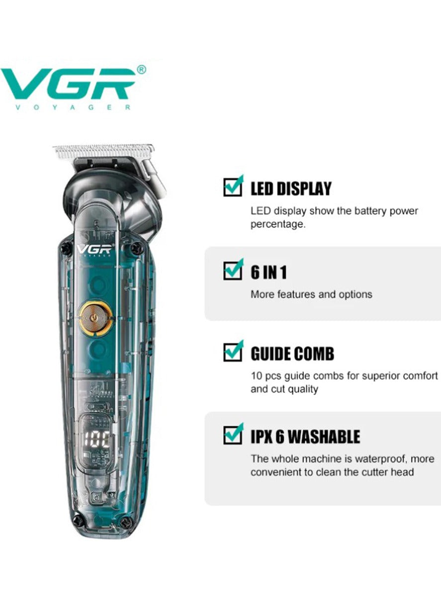 VGR Professional trimmer 6-in-1 , corded and cordless, multi-use, contains a variety of tools such as full-size trimmer, precision trimmer, trimmer, nose hair trimmer and styling trimmer.