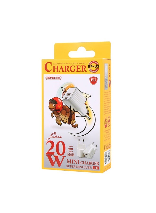 Mini Charger PR-U2 , 20W Dual Port USB & Type-C Fast Wall Charger, Compact Travel Adapter with Smart Protection – White