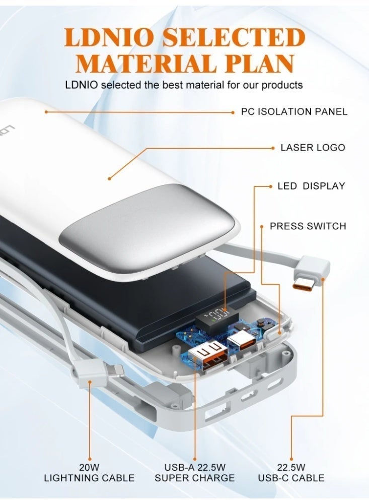 PQ19 10000mAh Fast Charging Power Bank with Built-In Charging Cables, 22.5W USB-C Quick Charge Output, 18W USB-C Fast In