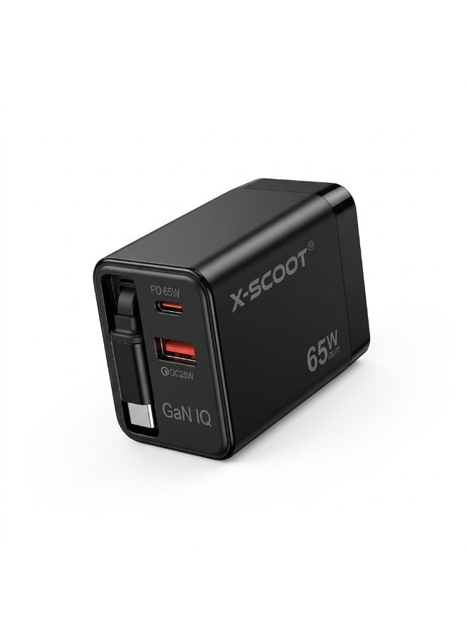 65W GaN Fast Charger with Built-in Retractable Cable, Multi-Port USB-C PD & USB-A QC Charging Adapter, High-Speed Power 