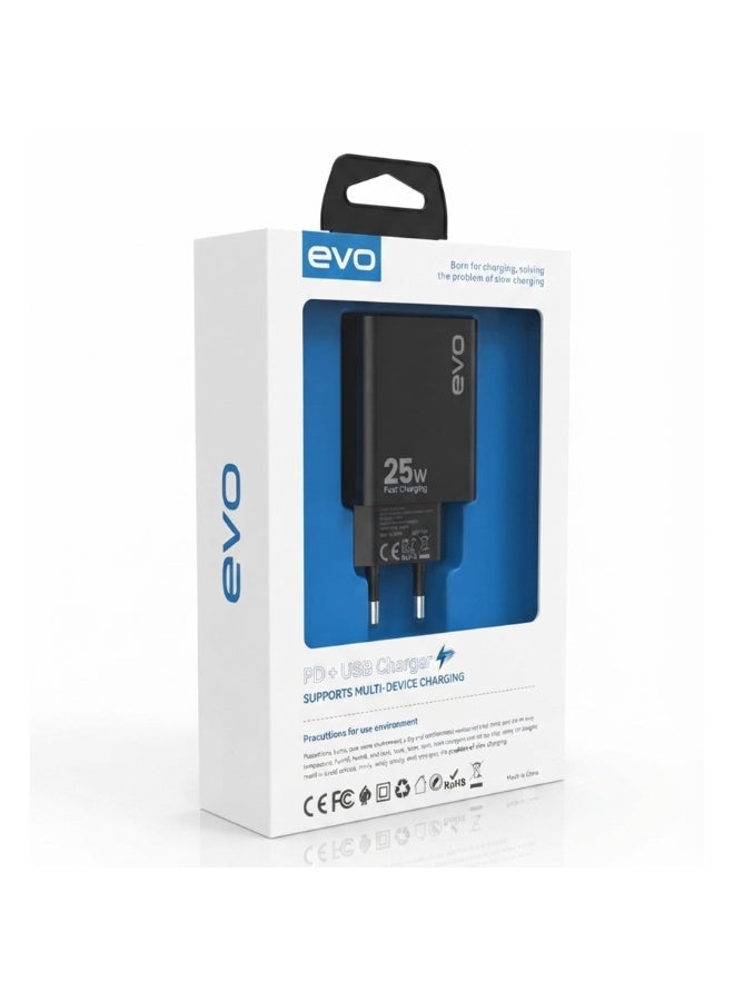 EVO-C14 25W Fast Wall Charger with USB-C Power Delivery and USB Port, Dual Port Fast Charging Adapter, Smart Chip USB-C 