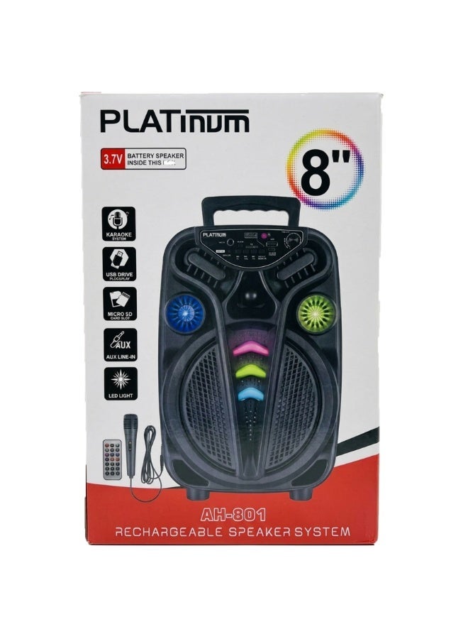AH-801 Portable 8 Inch Rechargeable Karaoke Speaker with LED Lights and Remote Control Wireless Party Speaker System wit