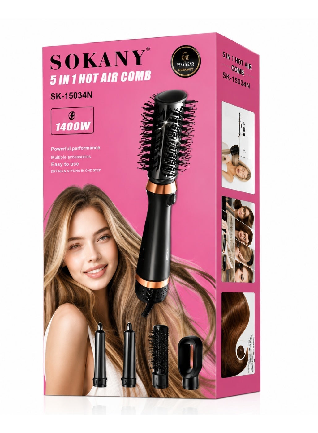 SK-15034N 5-in-1 Hair Dryer Brush – 1400W, 5 Interchangeable Styling Attachments, Drying, Curling, Straightening & Styli