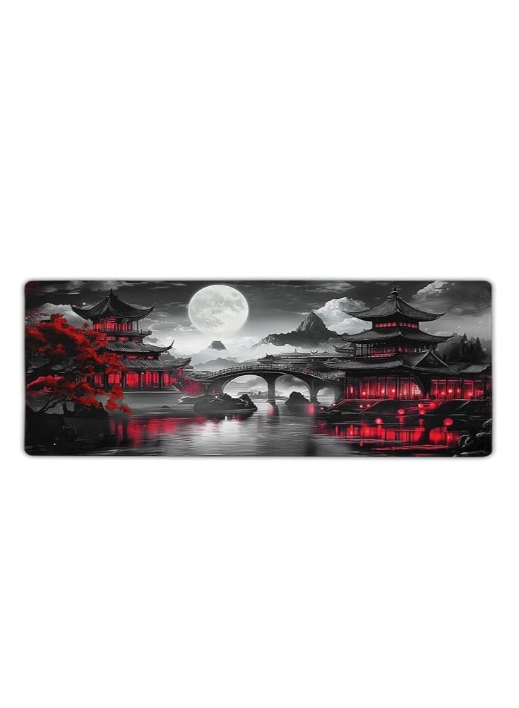 aportt Japanese Mouse Pad Riverside Full Moon Extended Desk Mat Black Red Large XL Mousepad Non-Slip Rubber Base Stitche