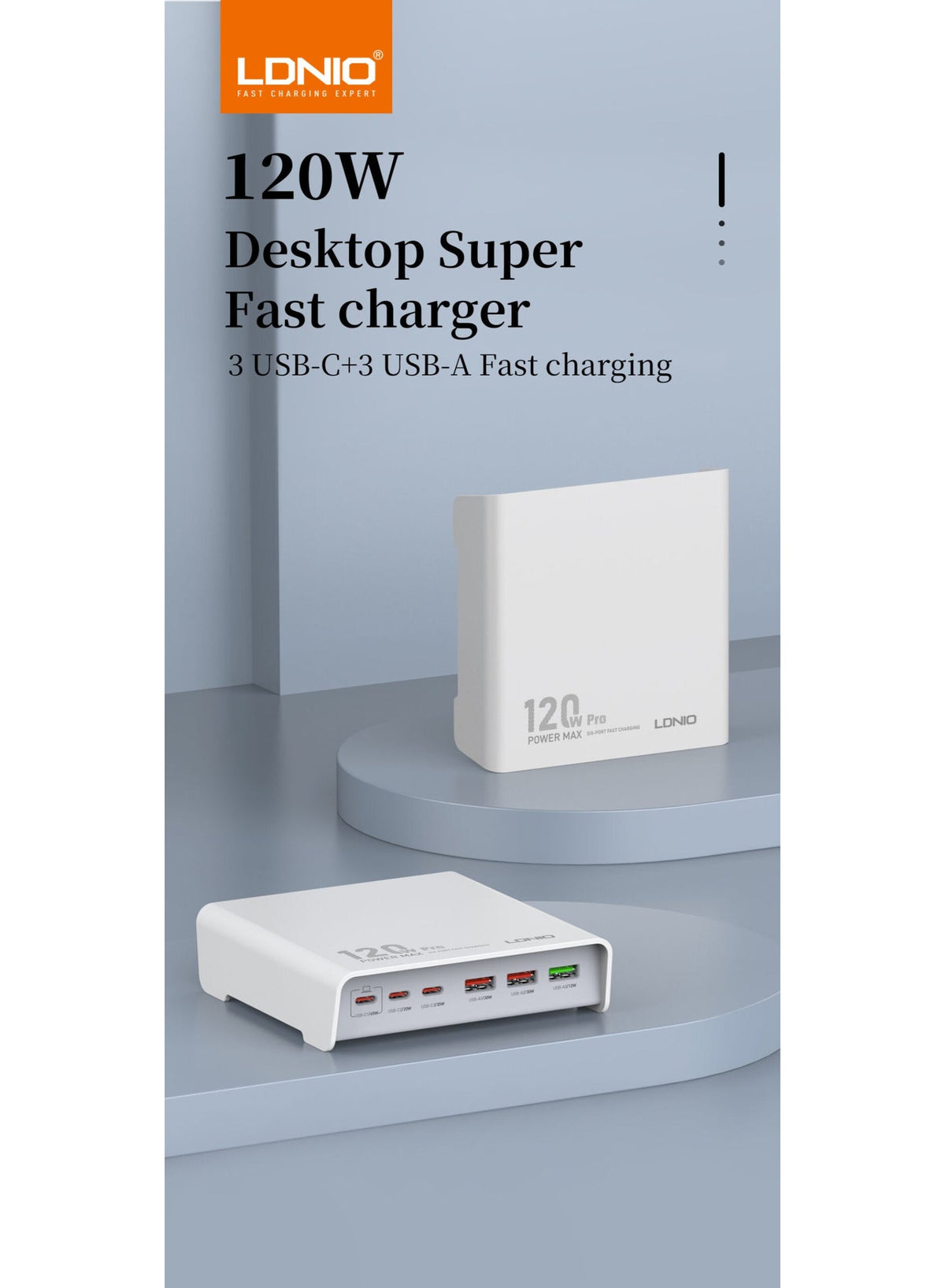 Q605 Multi Ports Desktop Charging Station 120W , 6 Port USB Charger (3 USB-C + 3 USB-A), PD3.0 QC3.0 PPS Fast Charging A
