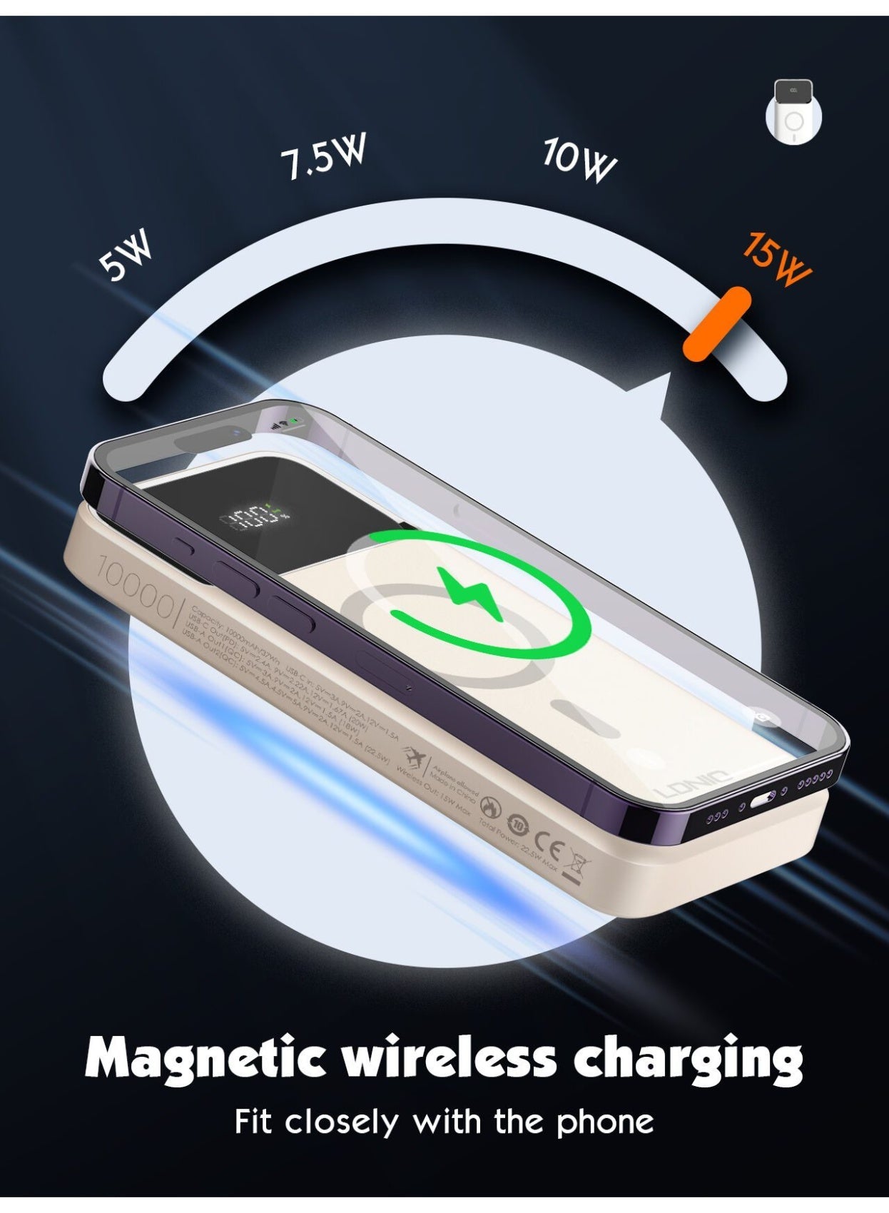 PQ12 10000mAh Magnetic Wireless Power Bank with 15W Wireless Charging, 22.5W Fast Charging Portable Battery Pack, USB-C 