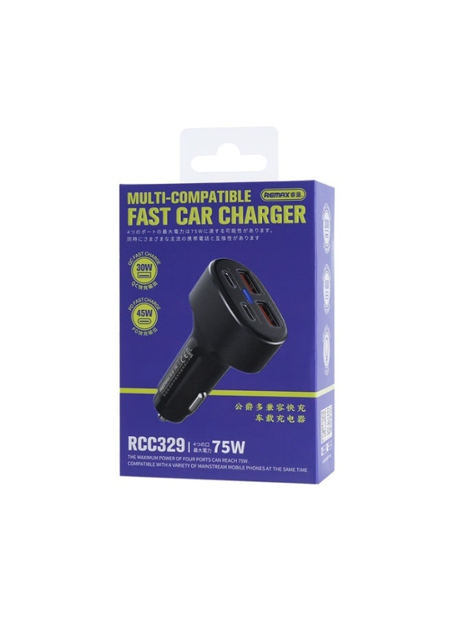 75W Fast Car Charger RCC329 with 4 Ports (2 Type-C + 2 USB), Dual Output PD + QC, Smart Protection & LED Indicator , Com