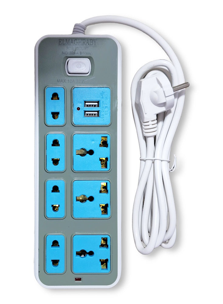 Electric Power strip - 2500 watt, 10 A/220-250V , with 7 Outlet , 1.5M cable , 2 Port USB and for Laptop, PC, MacBook , Home and Office Electrical appliances and Mobile charger