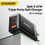 شاحن حائط ESSAGER G671A2CU GaN قوة 67W 3 منافذ QC4.0 أسود