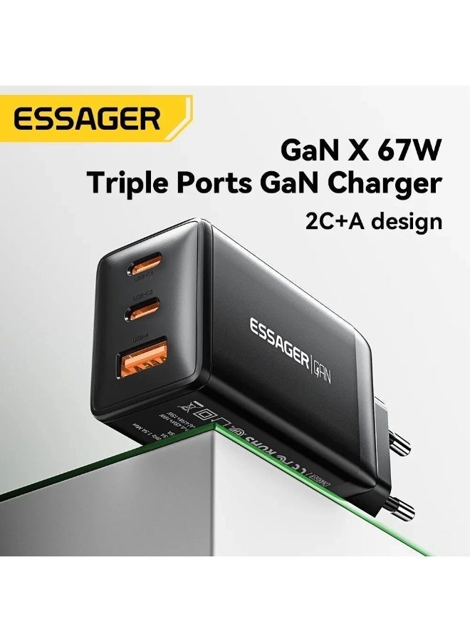 شاحن حائط ESSAGER G671A2CU GaN قوة 67W 3 منافذ QC4.0 أسود