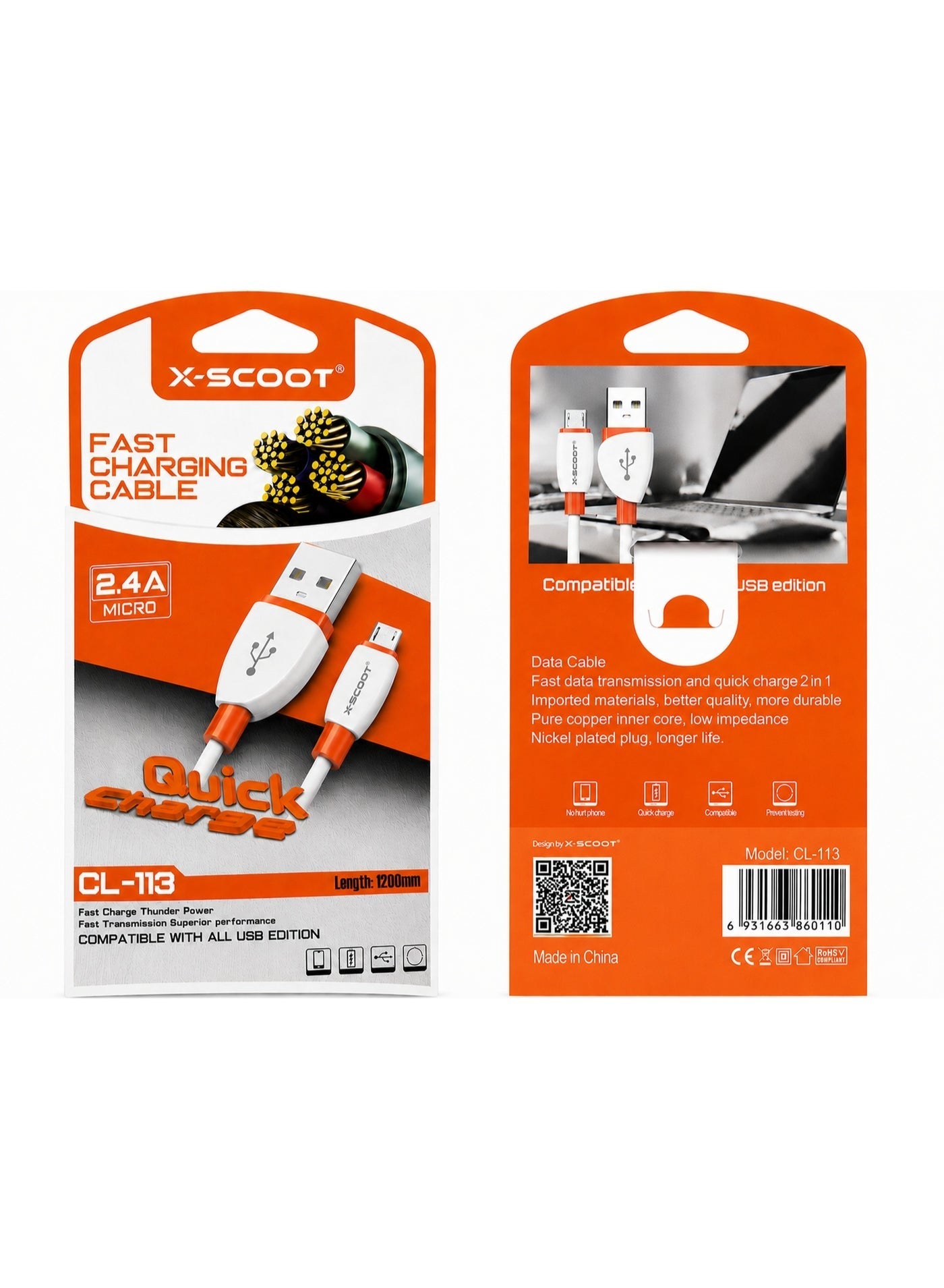 كابل شحن X-SCOOT CL113 Micro USB قوة 2.4A طول 1.2m أبيض
