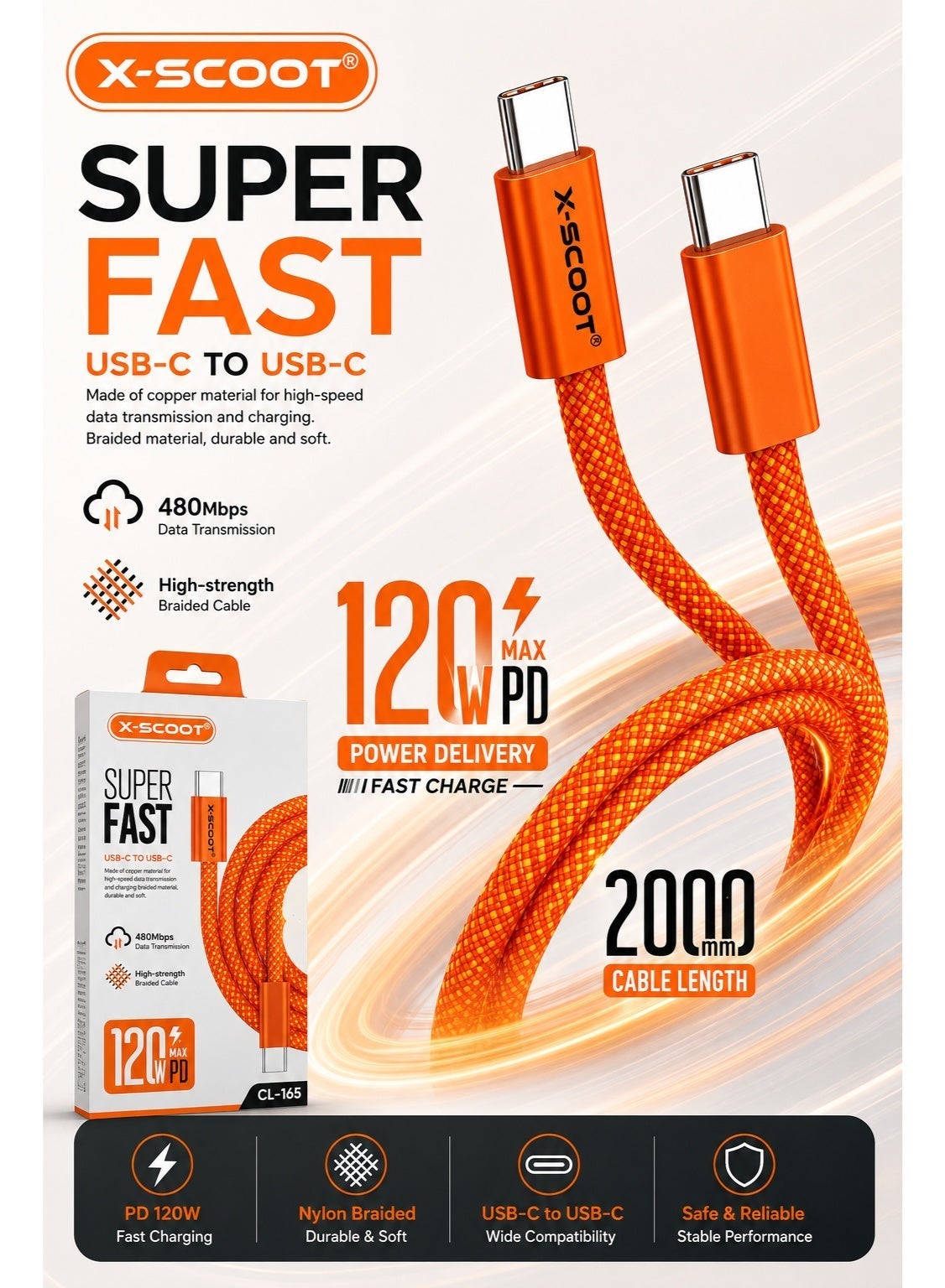 TYPE-C to TYPE-C 120W Fast Charging Cable – 2 Meter, Ultra-Fast Charging & High-Speed Data Transfer, Premium Nylon Braid